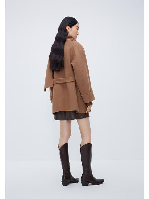 NEELLY纳俪商场同款可拆卸围巾领大衣女冬驼色短款双面呢羊毛外套N23105N01110 商品图3