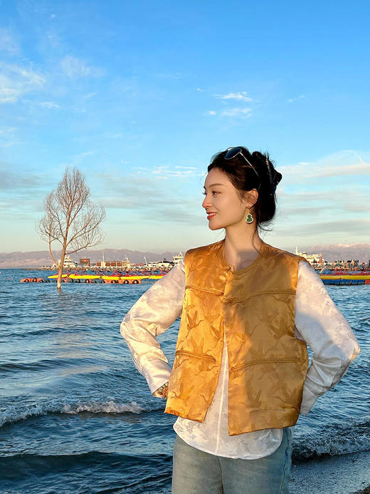 盛唐牡丹 |真丝提花仙鹤纹夹棉马甲 商品图2