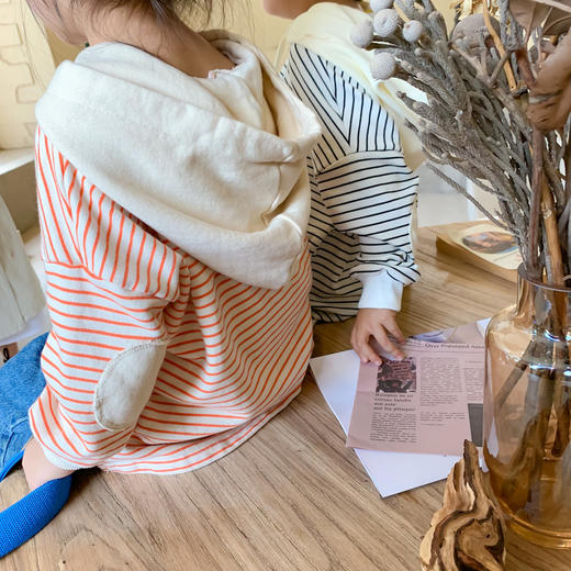 【韩版连帽条纹卫衣！时尚又俏皮】女童秋装卫衣韩版小童男童条纹宽松上衣，韩国童装无帽绳设计，更显清新自然。让女童自信穿出时尚态度，轻松展现休闲魅力lm 商品图2