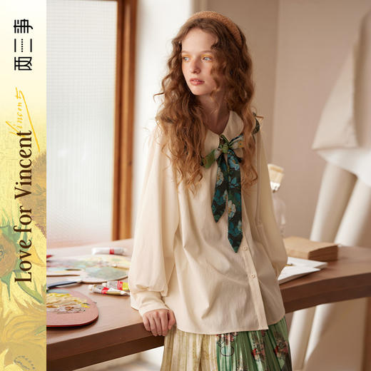 两三事梵高文艺余香流淌印花绑带波浪边翻领衬衫女 商品图0