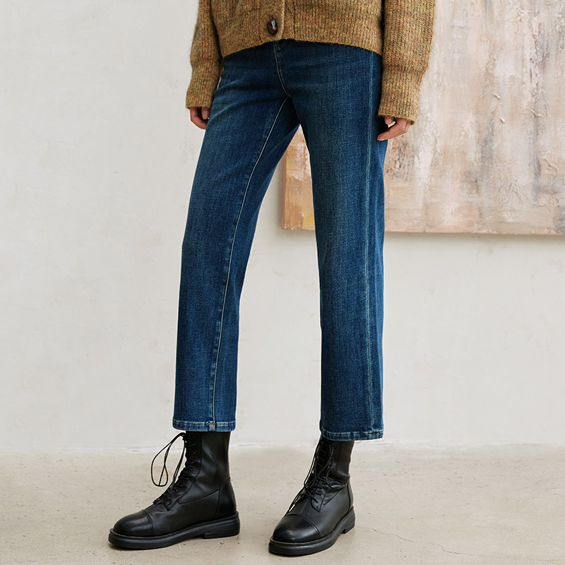 玳莎高腰直筒牛仔裤女士冬季丝巾装饰设计感百搭九分裤  DD36308