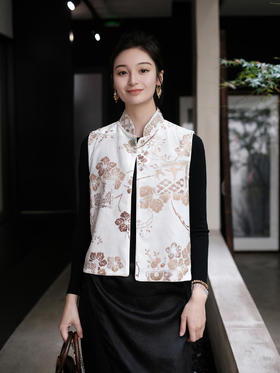 盛唐牡丹 |丝绒烫金对襟马甲-白色