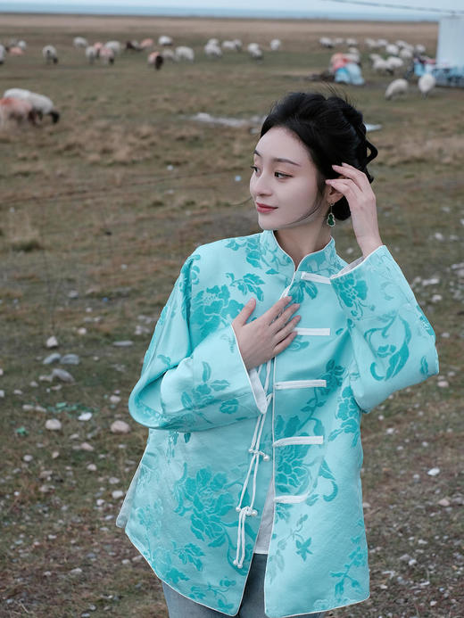 盛唐牡丹 |Tiffany蓝抽象牡丹漳绒外套 商品图4