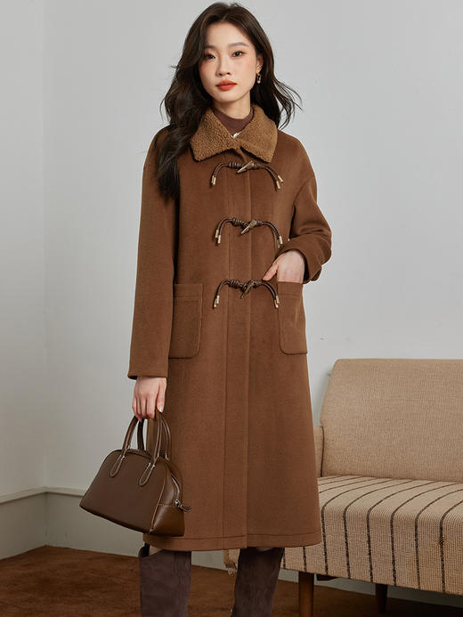 【年终特卖】熙世界100%初剪羊毛双面呢大衣2025冬装中长款牛角扣羊绒毛呢外套 商品图5