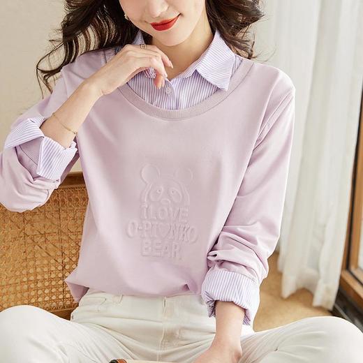 小熊压花假两件卫衣女潮ins春秋款别致休闲条纹衬衫领上衣 商品图2