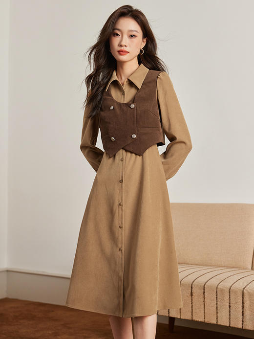 【1件75折，2件73折】熙世界学院风马甲配连衣裙套装女小众设计磨绒衬衫裙2025秋冬新款 商品图5