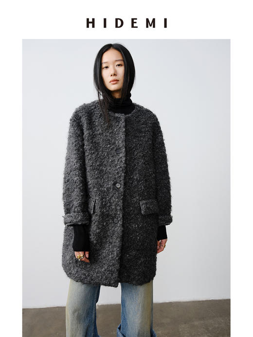 HIDEMI 艺术感卷曲长毛马海毛圆领口袋极简廓形纽扣大衣 商品图3
