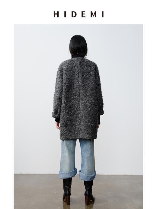 HIDEMI 艺术感卷曲长毛马海毛圆领口袋极简廓形纽扣大衣 商品图6