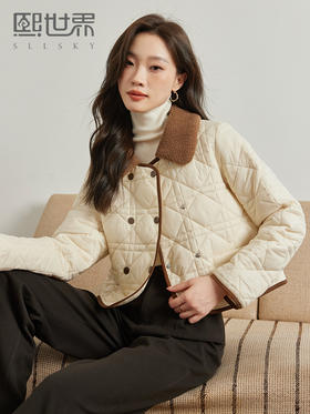 【年货节】熙世界小香风短款羽绒棉服女冬季新款轻薄羊羔毛翻领菱格棉衣外套