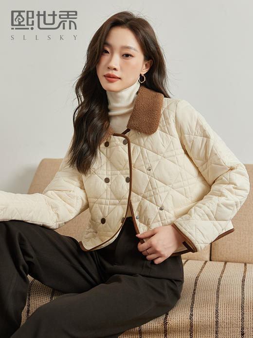 【年货节】熙世界小香风短款羽绒棉服女冬季新款轻薄羊羔毛翻领菱格棉衣外套 商品图0