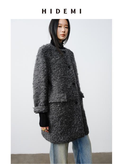 HIDEMI 艺术感卷曲长毛马海毛圆领口袋极简廓形纽扣大衣 商品图5