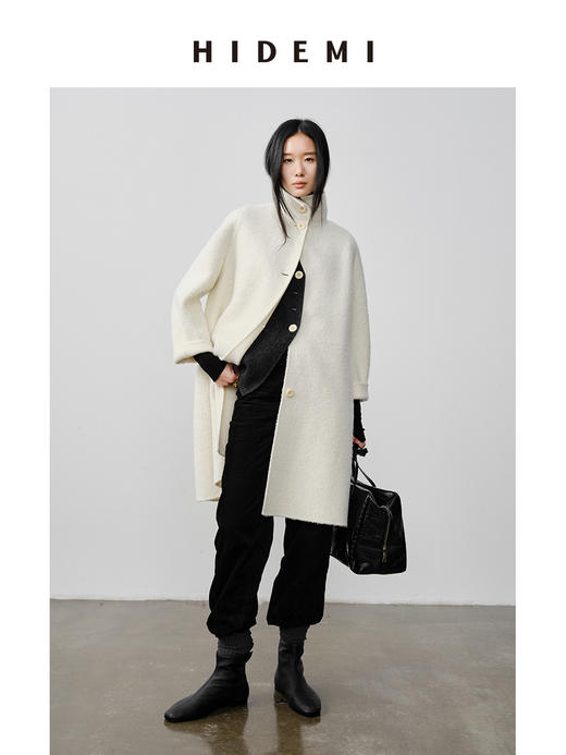 HIDEMI 双面alpaca长毛苏力羊驼毛立领可翻领式纽扣极简大衣 黑色/奶白色 商品图2