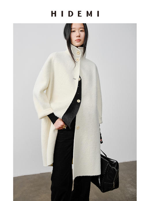 HIDEMI 双面alpaca长毛苏力羊驼毛立领可翻领式纽扣极简大衣 黑色/奶白色 商品图3