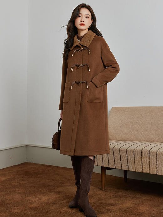 【年终特卖】熙世界100%初剪羊毛双面呢大衣2025冬装中长款牛角扣羊绒毛呢外套 商品图4