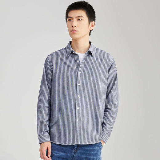 圣得西男士磨毛加厚竖条纹长袖衬衫秋季款商务休闲衬衣男2352954505A 商品图1