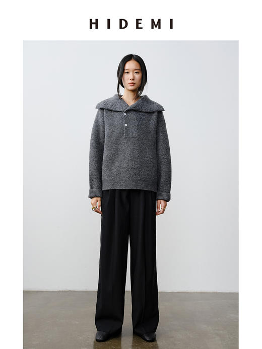 HIDEMI 羊驼毛花纱极简设计感海军大翻领厚款宽松大毛衣 灰色/燕麦色 商品图5