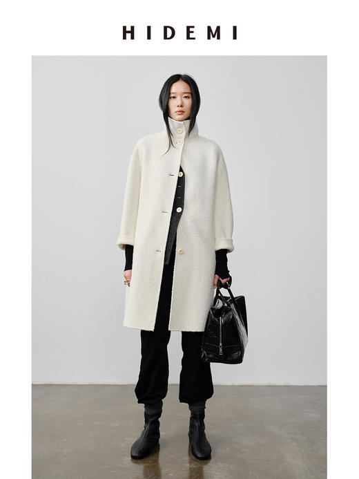 HIDEMI 双面alpaca长毛苏力羊驼毛立领可翻领式纽扣极简大衣 黑色/奶白色 商品图0