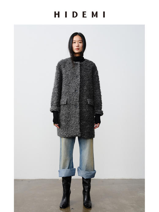 HIDEMI 艺术感卷曲长毛马海毛圆领口袋极简廓形纽扣大衣 商品图0