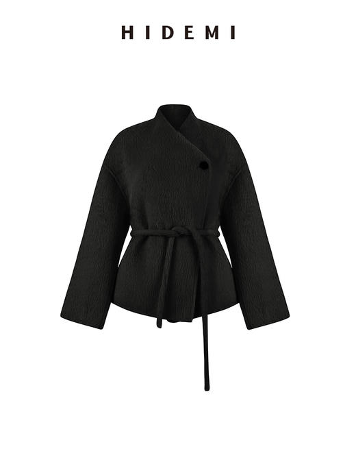 HIDEMI 双面alpaca长毛苏力羊驼毛一粒扣不对称门襟可拆卸腰带式大衣 白色/黑色 商品图14