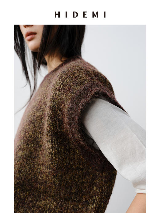 HIDEMI 马海毛羊毛混纺圈圈花针廓形极简设计感圆领加厚款马甲背心 黑色/花棕绿 商品图4