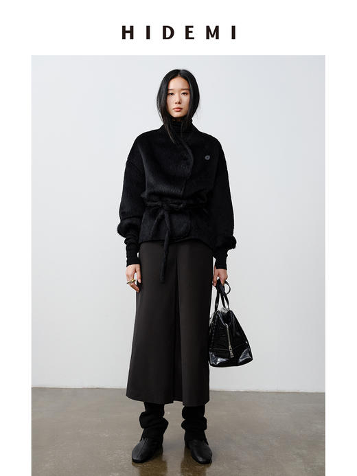 HIDEMI 双面alpaca长毛苏力羊驼毛一粒扣不对称门襟可拆卸腰带式大衣 白色/黑色 商品图8