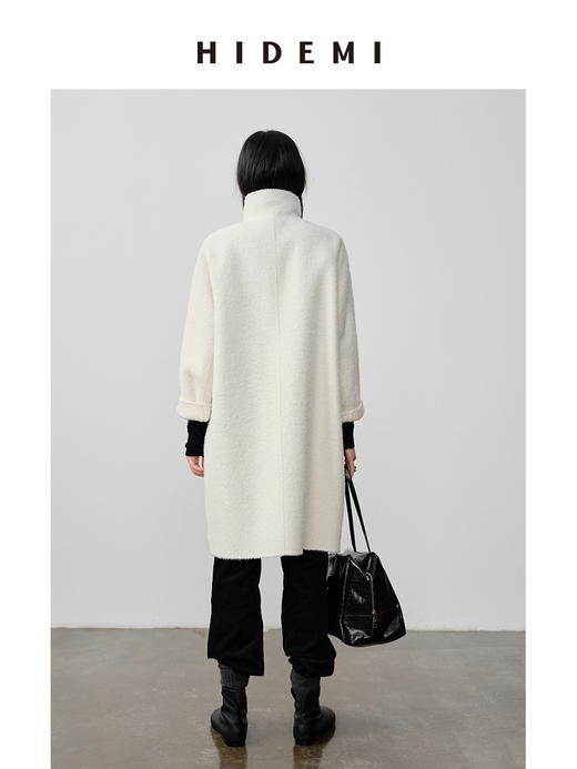 HIDEMI 双面alpaca长毛苏力羊驼毛立领可翻领式纽扣极简大衣 黑色/奶白色 商品图6