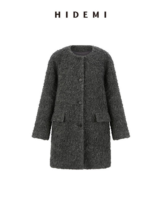 HIDEMI 艺术感卷曲长毛马海毛圆领口袋极简廓形纽扣大衣 商品图7