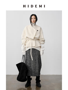 HIDEMI 双面alpaca长毛苏力羊驼毛一粒扣不对称门襟可拆卸腰带式大衣 白色/黑色