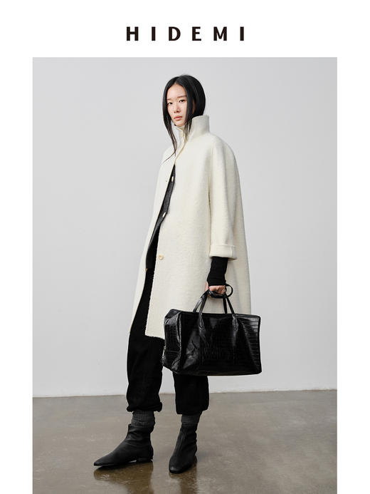 HIDEMI 双面alpaca长毛苏力羊驼毛立领可翻领式纽扣极简大衣 黑色/奶白色 商品图1
