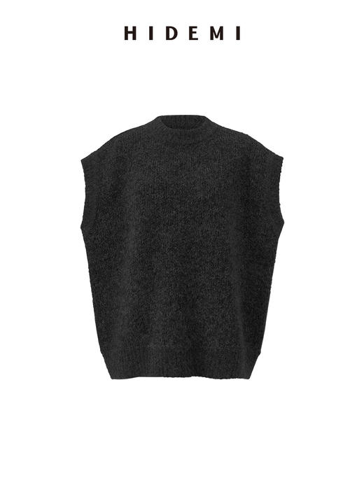 HIDEMI 马海毛羊毛混纺圈圈花针廓形极简设计感圆领加厚款马甲背心 黑色/花棕绿 商品图8