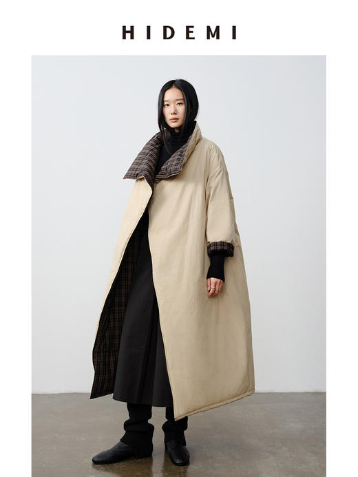 HIDEMI 格纹正反两面穿不对称极简oversize长款厚款大棉服保暖大衣 商品图5