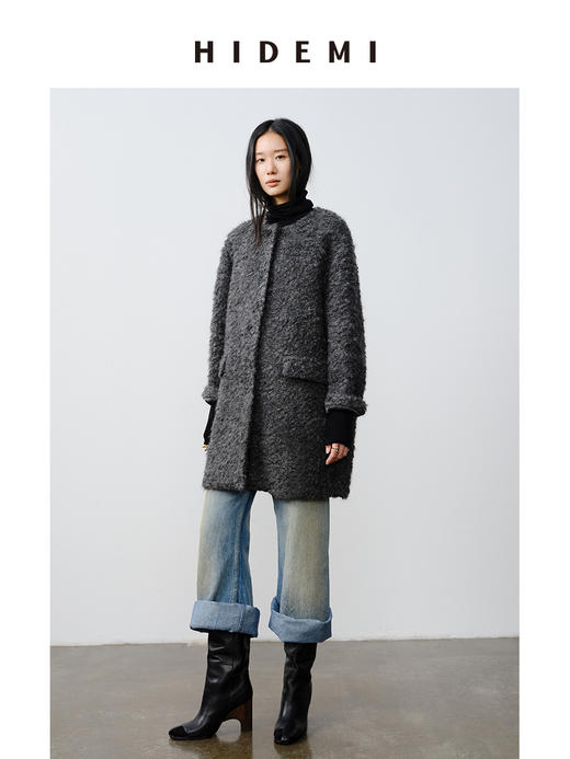 HIDEMI 艺术感卷曲长毛马海毛圆领口袋极简廓形纽扣大衣 商品图2