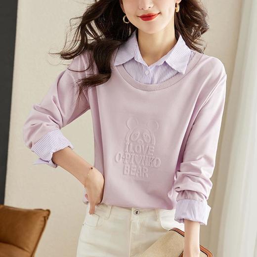 小熊压花假两件卫衣女潮ins春秋款别致休闲条纹衬衫领上衣 商品图4