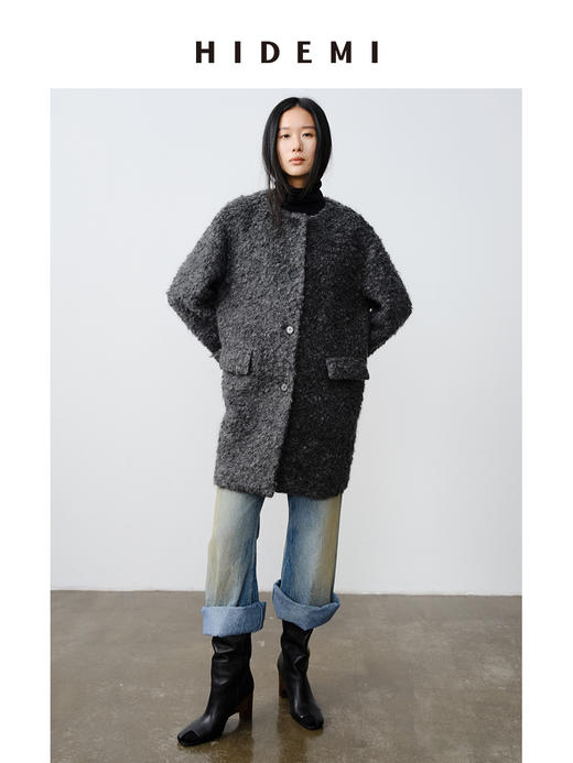 HIDEMI 艺术感卷曲长毛马海毛圆领口袋极简廓形纽扣大衣 商品图1