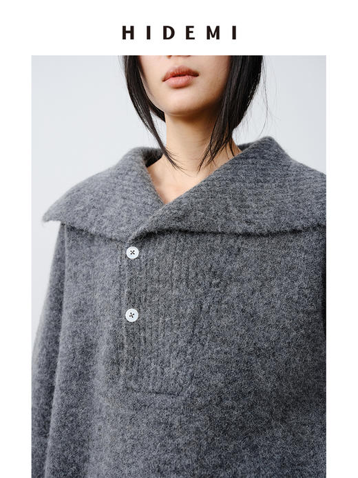 HIDEMI 羊驼毛花纱极简设计感海军大翻领厚款宽松大毛衣 灰色/燕麦色 商品图6