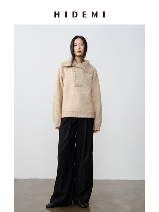 HIDEMI 羊驼毛花纱极简设计感海军大翻领厚款宽松大毛衣 灰色/燕麦色 商品图0