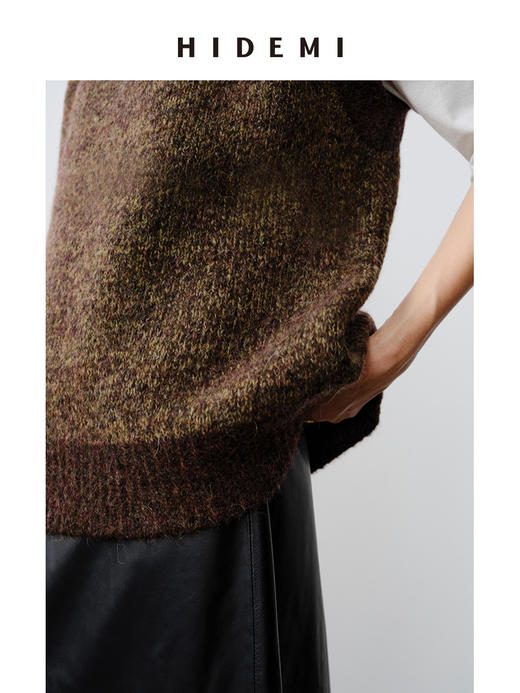HIDEMI 马海毛羊毛混纺圈圈花针廓形极简设计感圆领加厚款马甲背心 黑色/花棕绿 商品图5