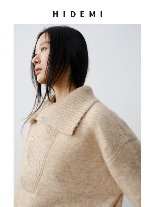 HIDEMI 羊驼毛花纱极简设计感海军大翻领厚款宽松大毛衣 灰色/燕麦色 商品图2