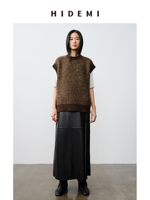 HIDEMI 马海毛羊毛混纺圈圈花针廓形极简设计感圆领加厚款马甲背心 黑色/花棕绿 商品图1