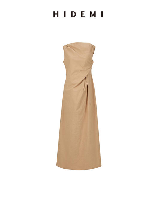 HIDEMI 沙丘色极简不对称雕塑感褶皱特殊工艺纸感立裁连衣裙长裙 商品图10