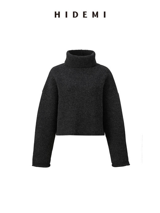HIDEMI 羊驼毛花纱极简设计感高领长袖廓形短款毛衣 黑色/灰色 商品图8