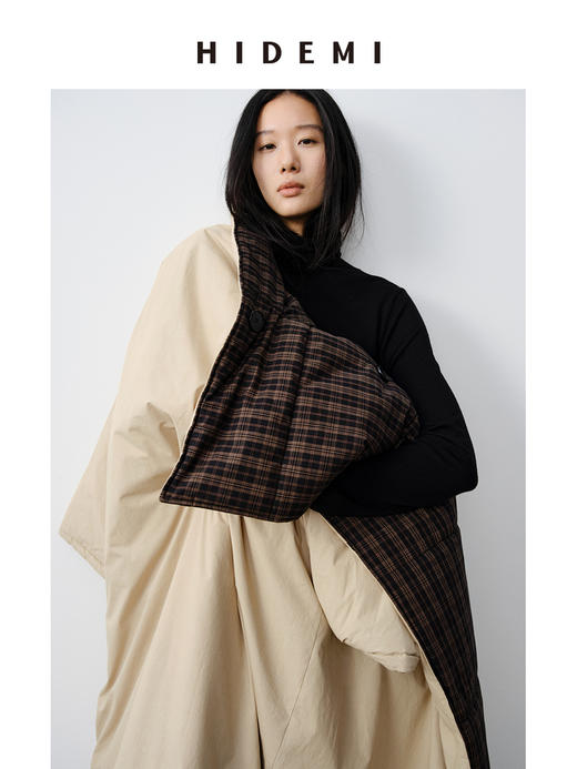 HIDEMI 格纹正反两面穿不对称极简oversize长款厚款大棉服保暖大衣 商品图7