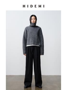 HIDEMI 羊驼毛花纱极简设计感高领长袖廓形短款毛衣 黑色/灰色