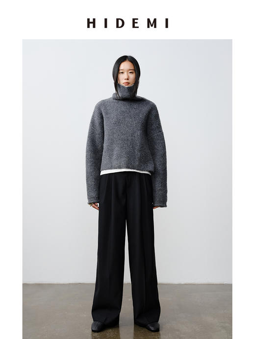 HIDEMI 羊驼毛花纱极简设计感高领长袖廓形短款毛衣 黑色/灰色 商品图0