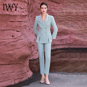 IWY/秋冬新款蓝色工作西服套裤女气质西装外套修身设计感白领C12307+P11385