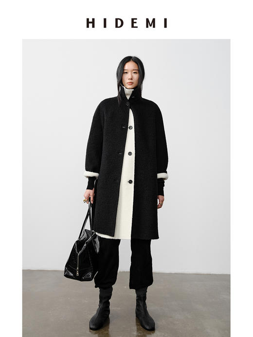 HIDEMI 双面alpaca长毛苏力羊驼毛立领可翻领式纽扣极简大衣 黑色/奶白色 商品图7
