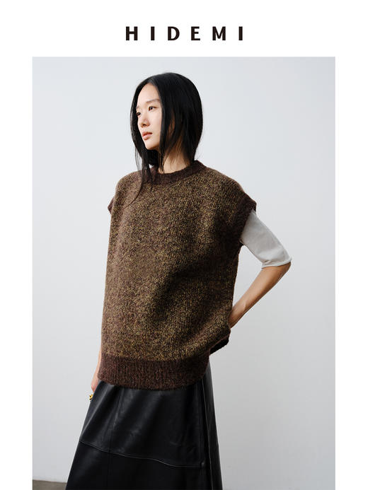HIDEMI 马海毛羊毛混纺圈圈花针廓形极简设计感圆领加厚款马甲背心 黑色/花棕绿 商品图3