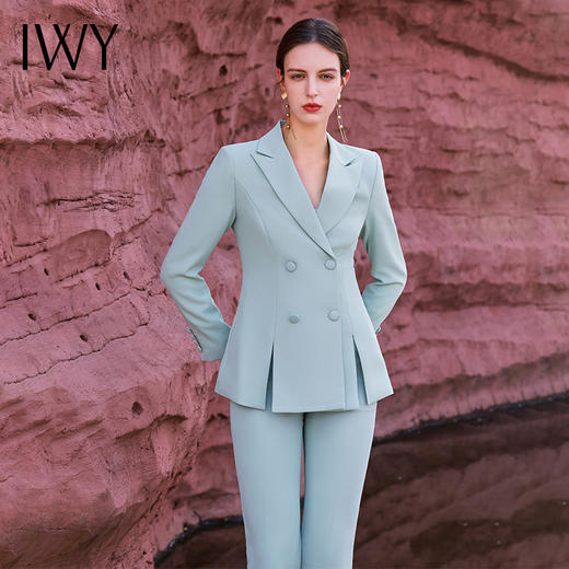 IWY/秋冬新款蓝色工作西服套裤女气质西装外套修身设计感白领C12307+P11385 商品图4