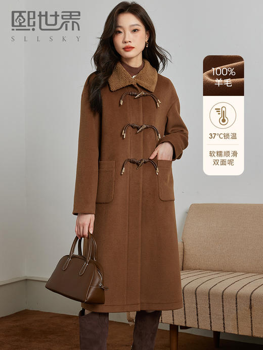 【年终特卖】熙世界100%初剪羊毛双面呢大衣2025冬装中长款牛角扣羊绒毛呢外套 商品图0