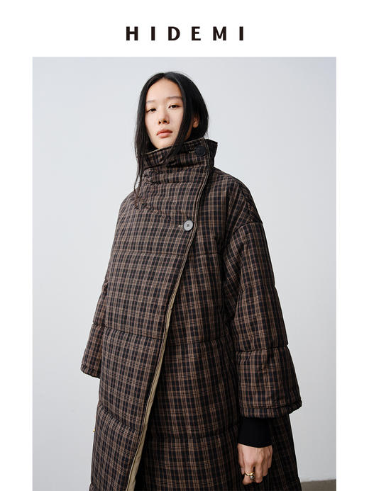 HIDEMI 格纹正反两面穿不对称极简oversize长款厚款大棉服保暖大衣 商品图1